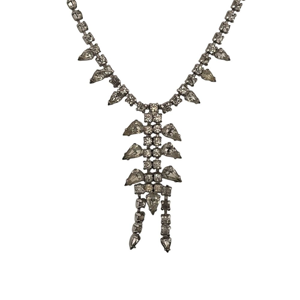 Vintage 1950s Kramer Rhinestone Necklace Silver Tone Drop Pendant - 7C